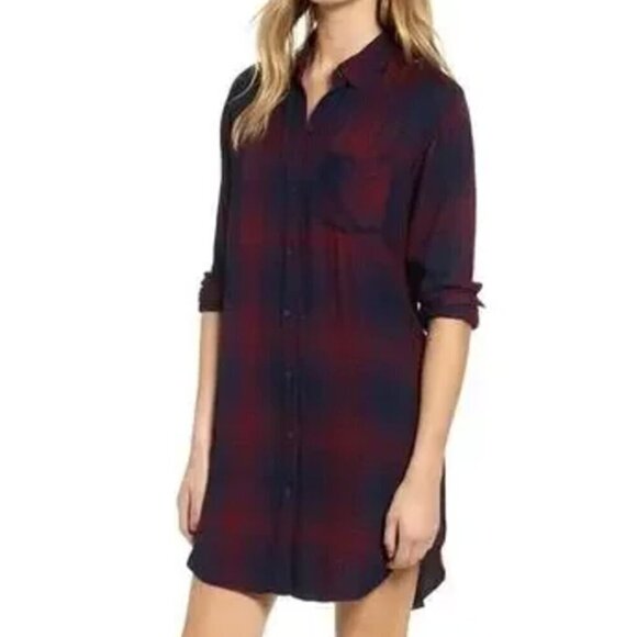 Rails Bianca Shirt Dress Plaid Flannel Button Down Mini Currant Navy Size XS - Picture 1 of 13